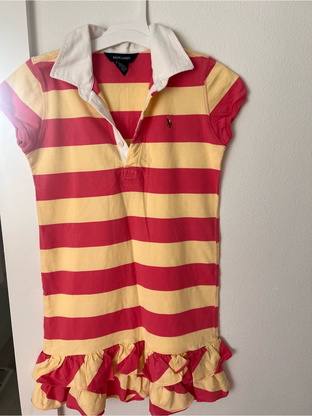 Ralph Lauren Red and Yellow Striped Polo Dress with Ruffle Hem